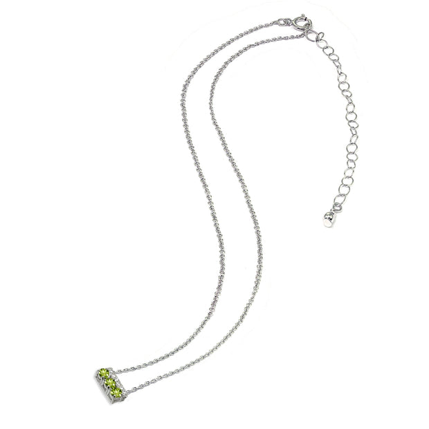 Sterling Silver Peridot & Cubic Zirconia Round Three Stone Dainty Bar Choker Necklace