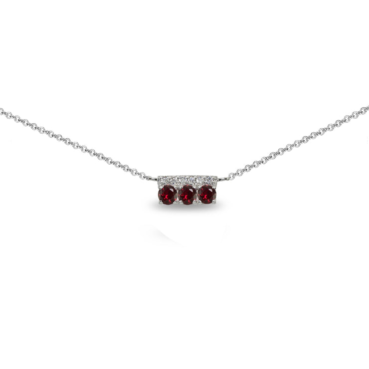 Sterling Silver Created Ruby & Cubic Zirconia Round Three Stone Dainty Bar Choker Necklace