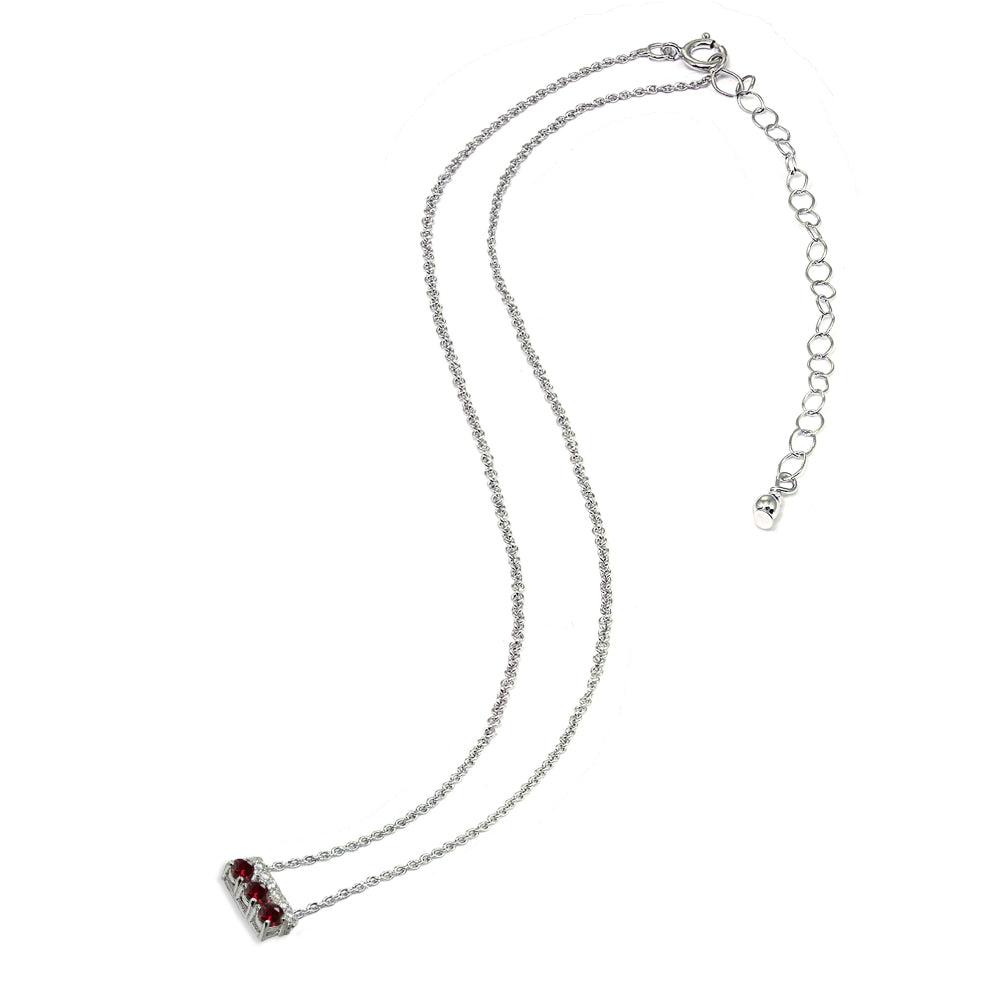 Sterling Silver Created Ruby & Cubic Zirconia Round Three Stone Dainty Bar Choker Necklace-4