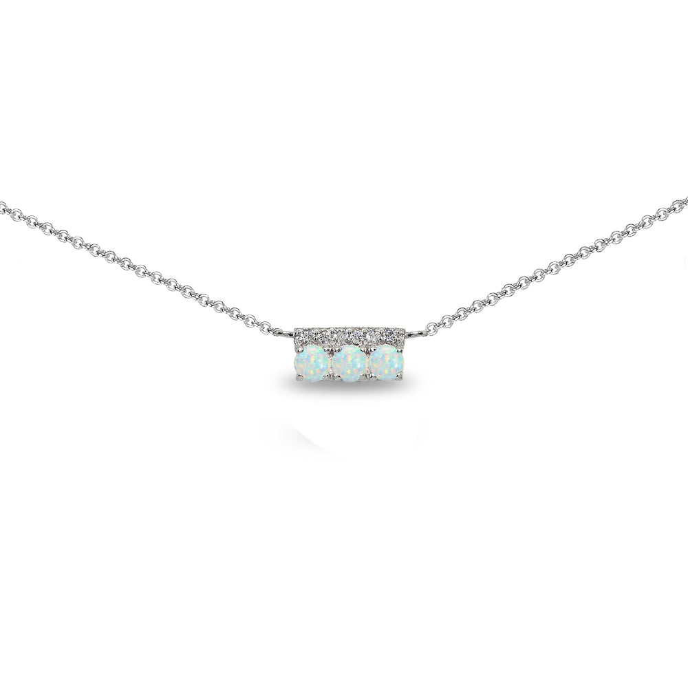 Sterling Silver Created White Opal & Cubic Zirconia Round Three Stone Dainty Bar Choker Necklace