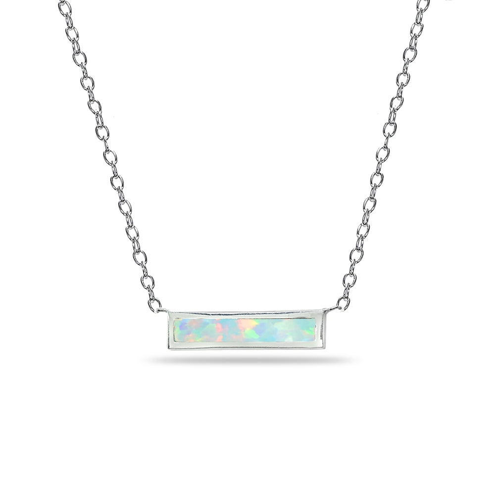 Sterling Silver Polished Created White Opal Minimalist Dainty Thin Horizontal Bar Necklace