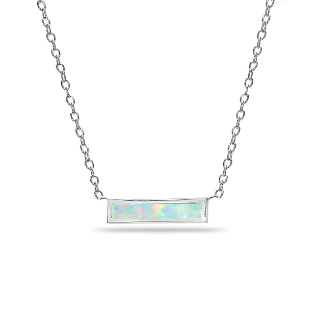 Sterling Silver Polished Created White Opal Minimalist Dainty Thin Horizontal Bar Necklace