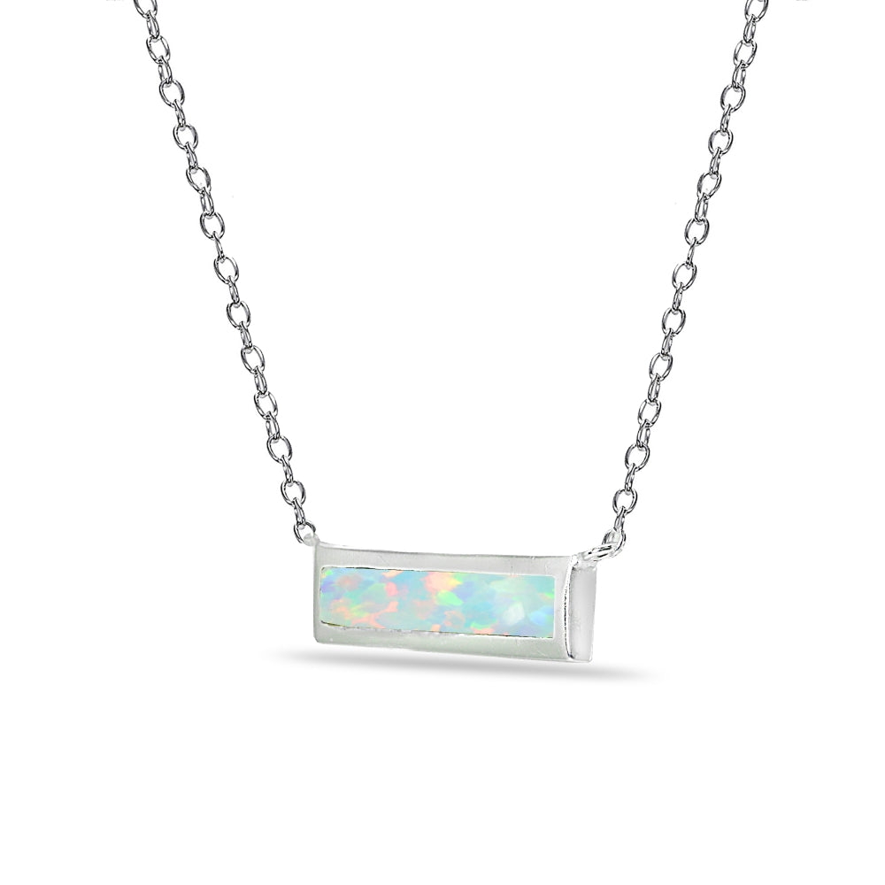 Sterling Silver Polished Created White Opal Minimalist Dainty Thin Horizontal Bar Necklace-2