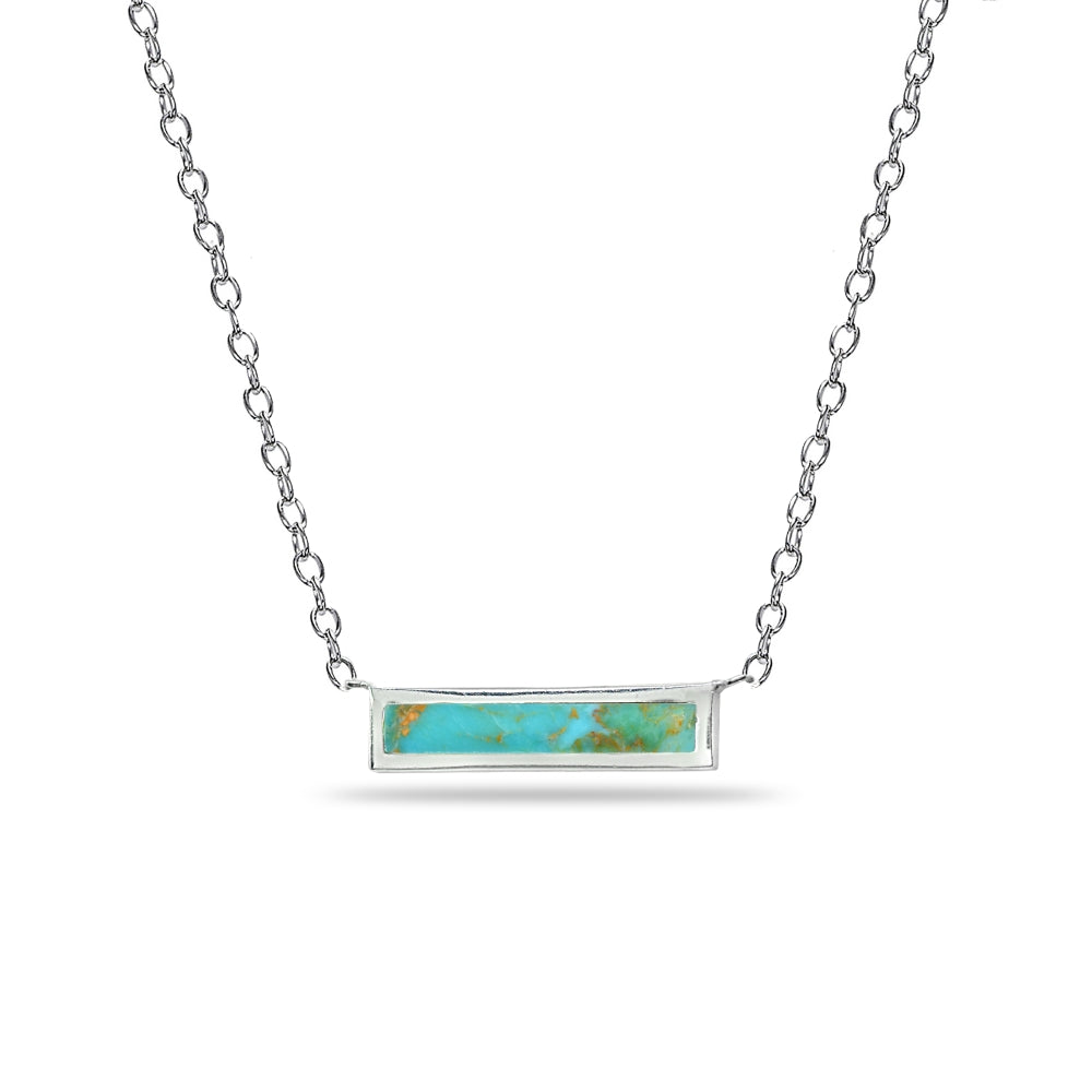 Sterling Silver Polished Created Turquoise Minimalist Dainty Thin Horizontal Bar Necklace