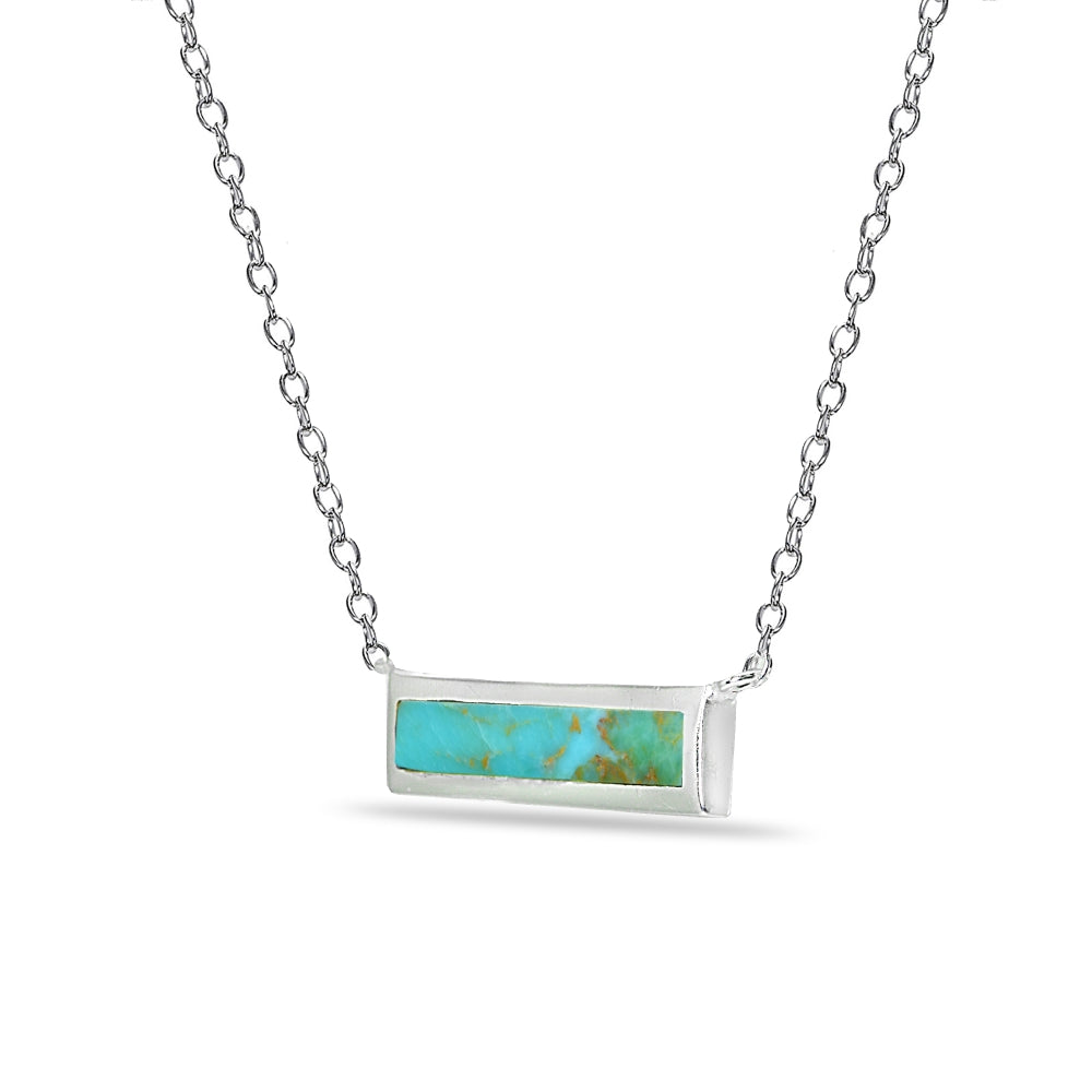 Sterling Silver Polished Created Turquoise Minimalist Dainty Thin Horizontal Bar Necklace-2