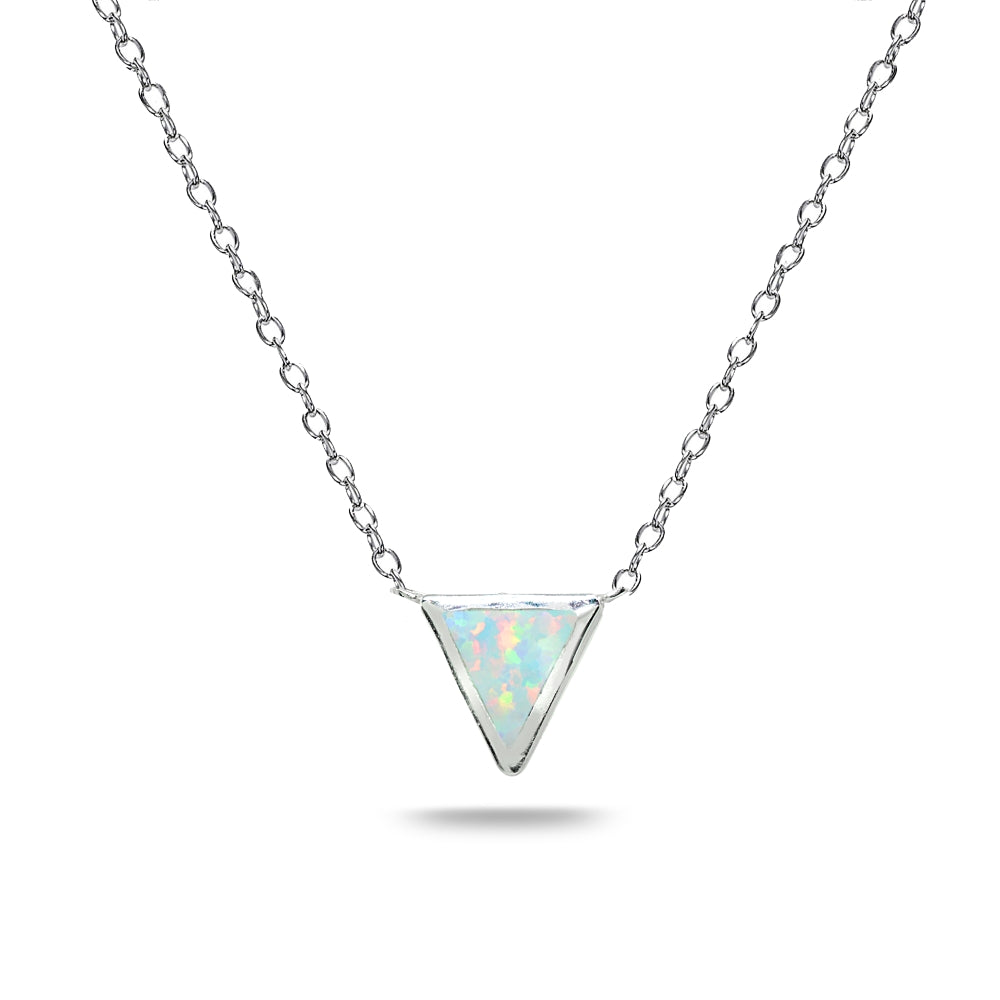 Sterling Silver Polished Created White Opal Triangle Minimalist Dainty Necklace
