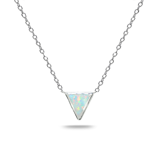 Sterling Silver Polished Created White Opal Triangle Minimalist Dainty Necklace