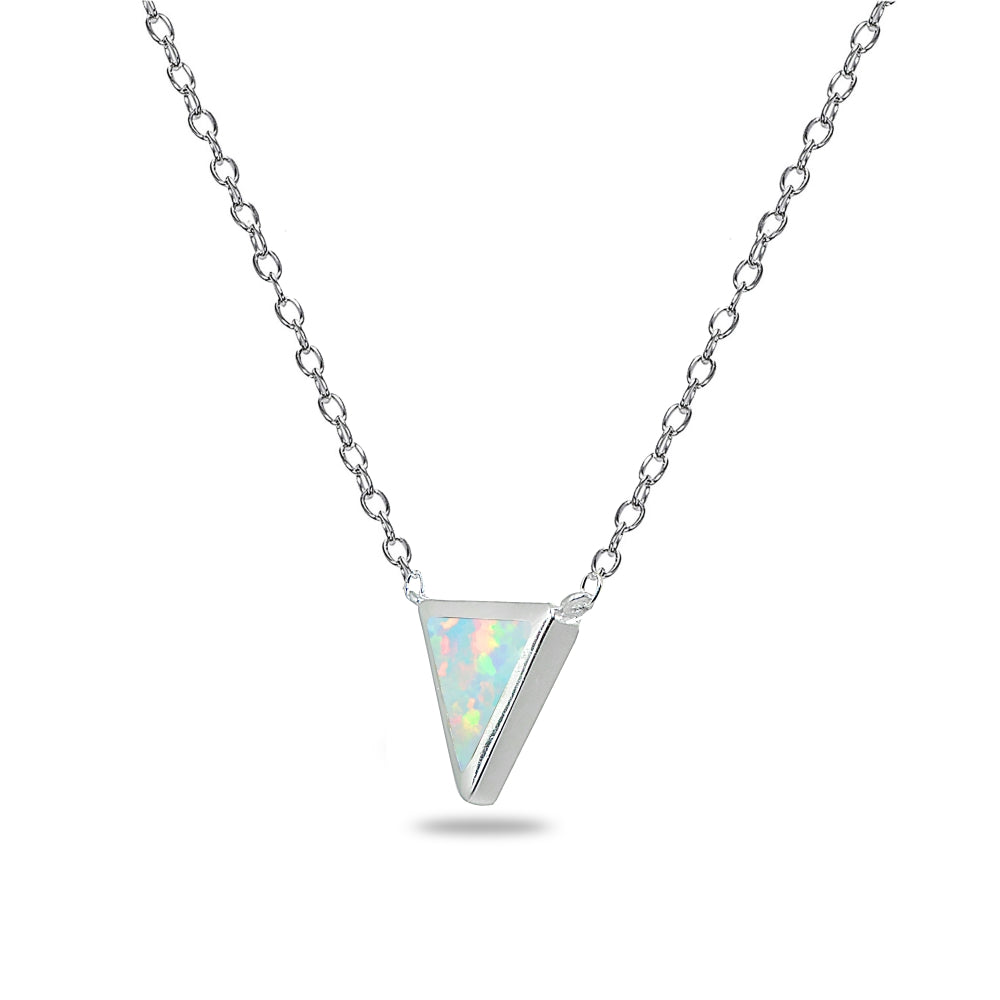 Sterling Silver Polished Created White Opal Triangle Minimalist Dainty Necklace-2