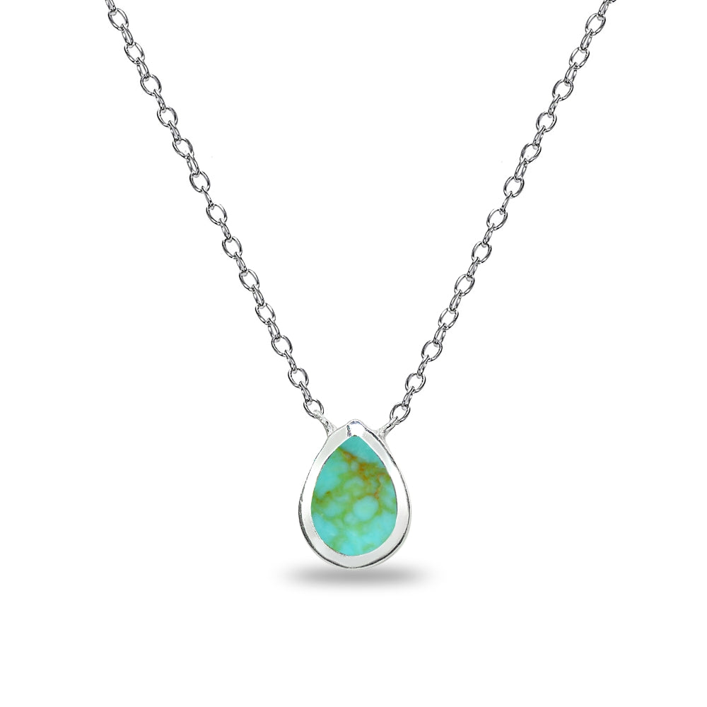 Sterling Silver Polished Created Turquoise Teardrop Minimalist Dainty Necklace
