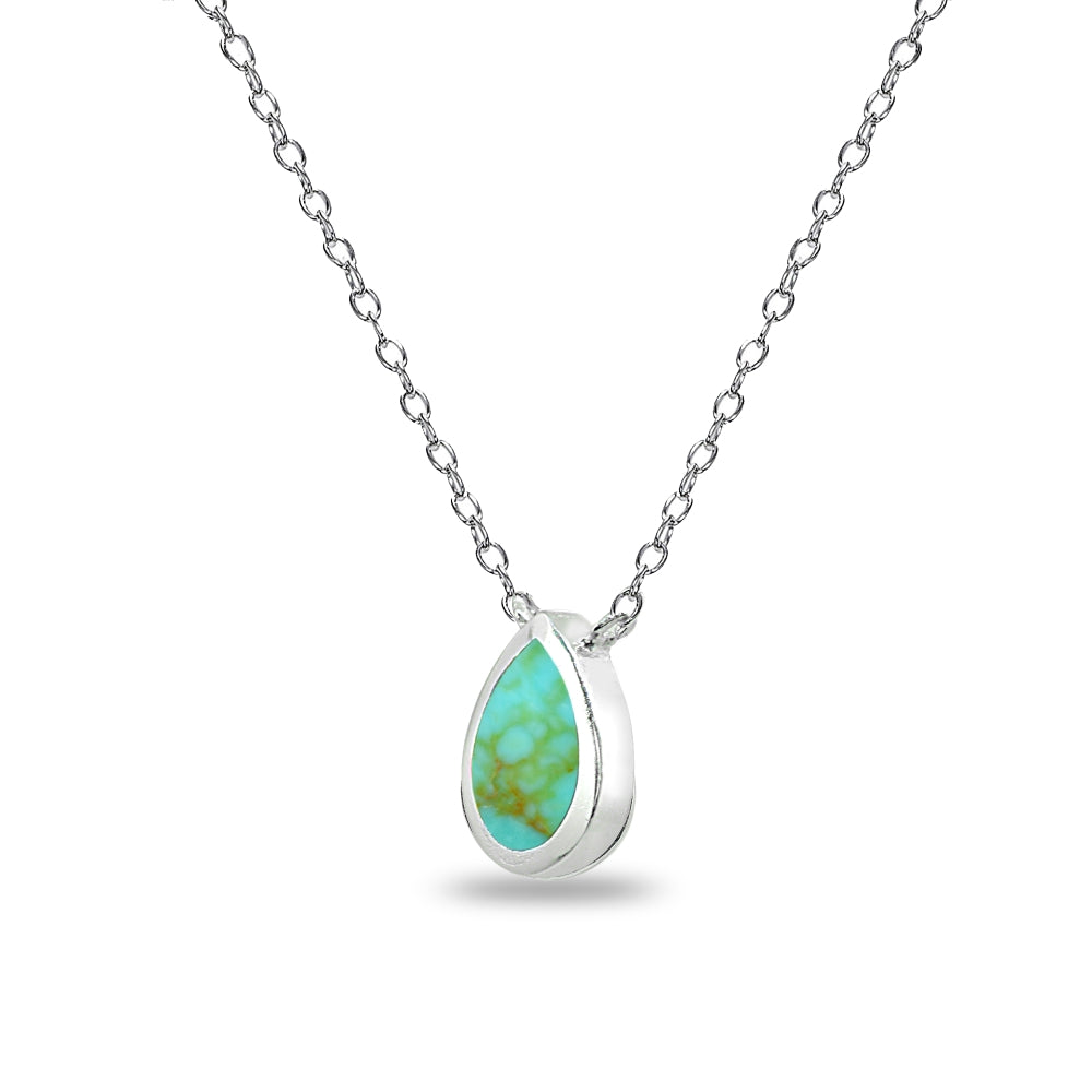 Sterling Silver Polished Created Turquoise Teardrop Minimalist Dainty Necklace-2