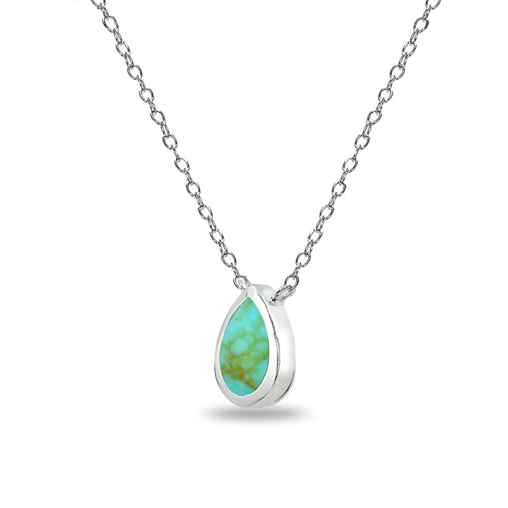 Sterling Silver Polished Created Turquoise Teardrop Minimalist Dainty Necklace