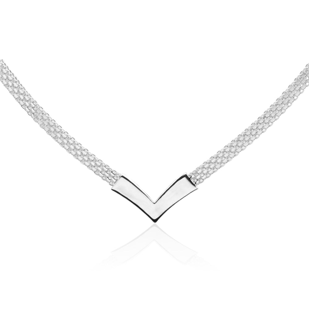 Sterling Silver Polished Chevron V Clavicle Mesh Chain Necklace