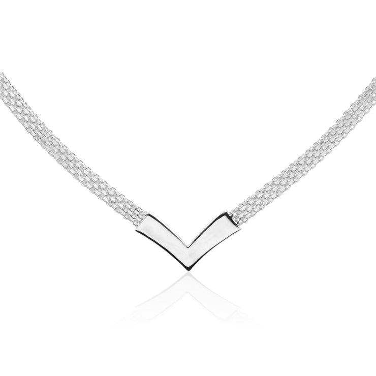 Sterling Silver Polished Chevron V Clavicle Mesh Chain Necklace