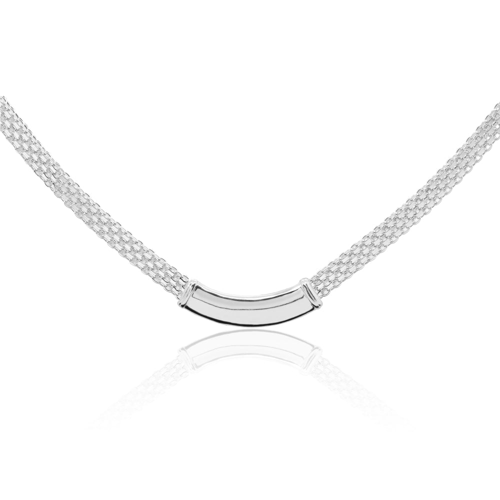 Sterling Silver Polished Curved Bar Tube Clavicle Mesh Chain Necklace