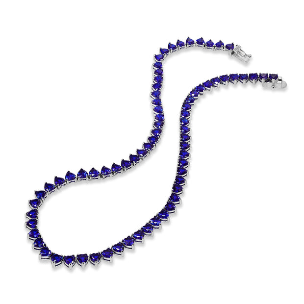 Sterling Silver Created Blue Sapphire Heart Classic Tennis Necklace, 16 Inches