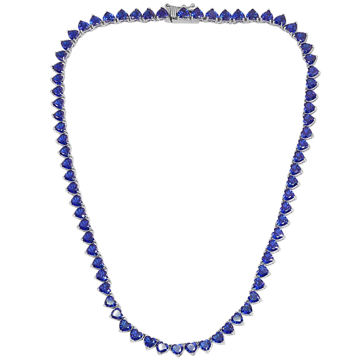 Sterling Silver Created Blue Sapphire Heart Classic Tennis Necklace, 16 Inches