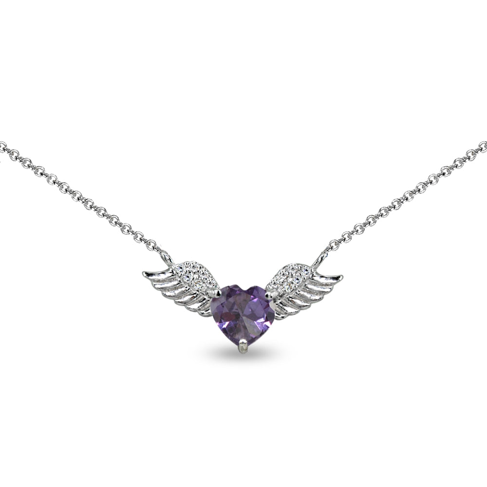 Sterling Silver Polished Created Alexandrite & CZ Heart Angel Wings Necklace, 15 Inch + Extender