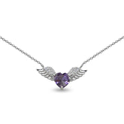 Sterling Silver Polished Created Alexandrite & CZ Heart Angel Wings Necklace, 15 Inch + Extender