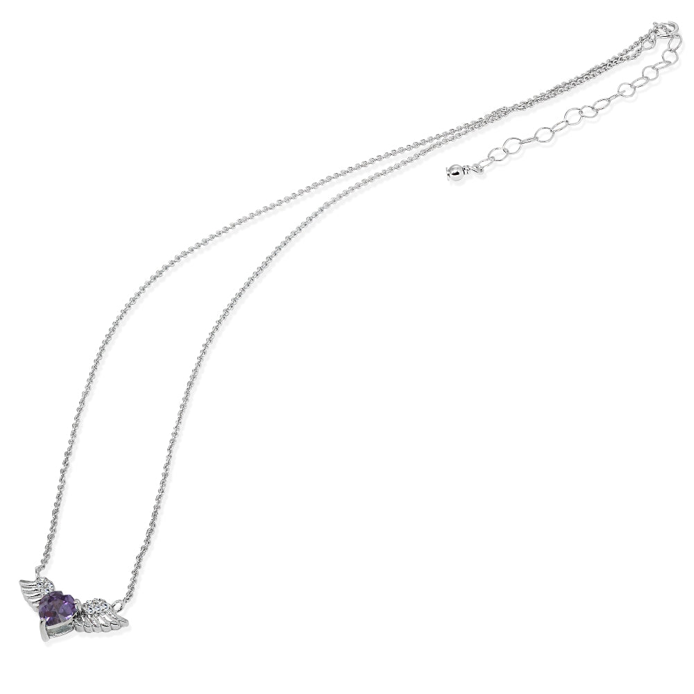 Sterling Silver Polished Created Alexandrite & CZ Heart Angel Wings Necklace, 15 Inch + Extender-2