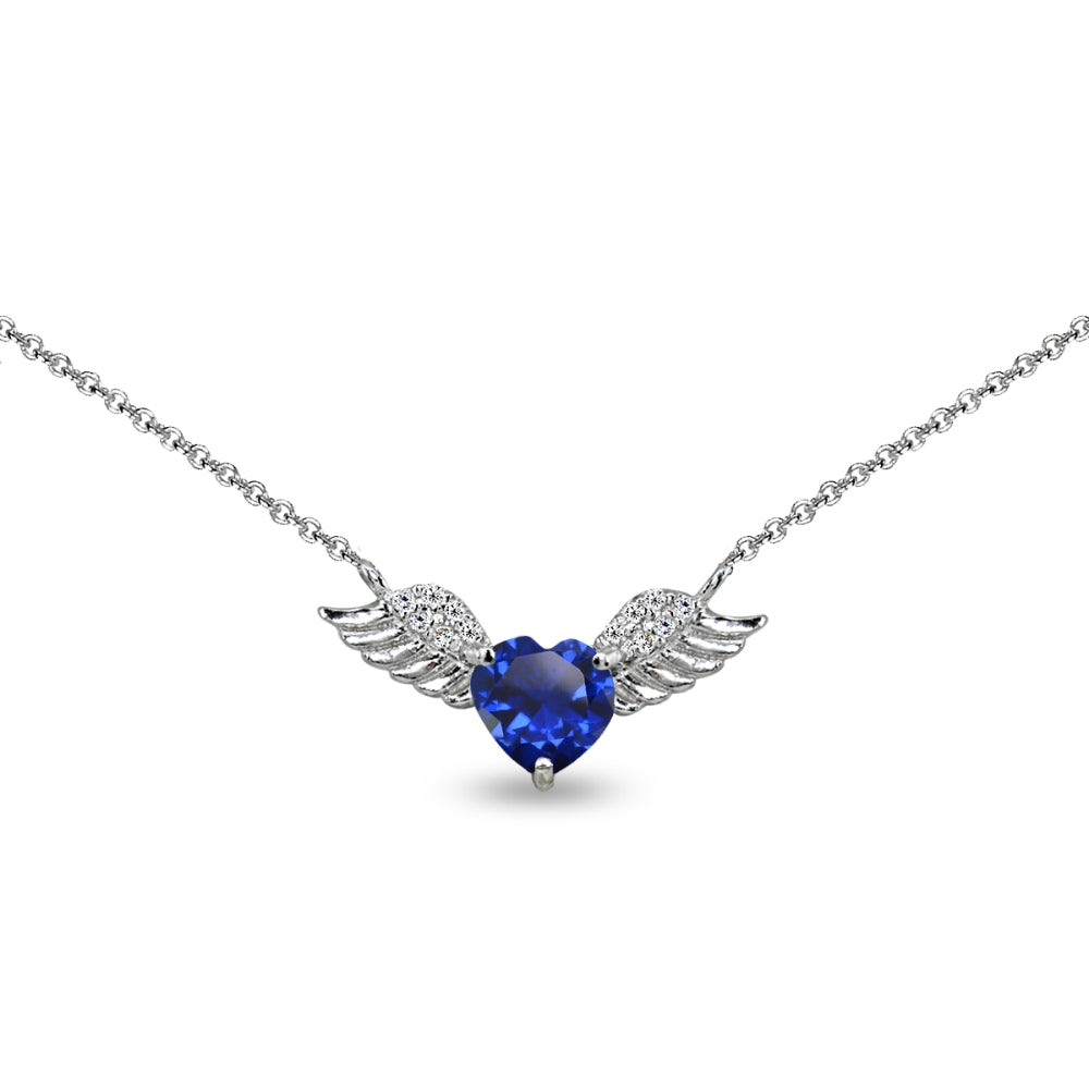 Sterling Silver Polished Created Blue Sapphire & CZ Heart Angel Wings Necklace, 15 Inch + Extender