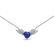 Sterling Silver Polished Created Blue Sapphire & CZ Heart Angel Wings Necklace, 15 Inch + Extender
