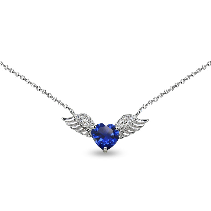 Sterling Silver Polished Created Blue Sapphire & CZ Heart Angel Wings Necklace, 15 Inch + Extender