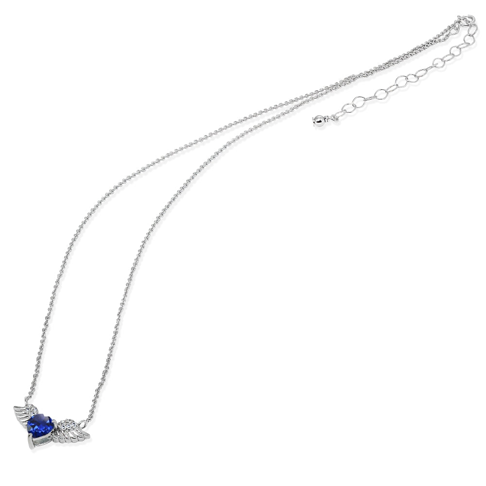 Sterling Silver Polished Created Blue Sapphire & CZ Heart Angel Wings Necklace, 15 Inch + Extender-2