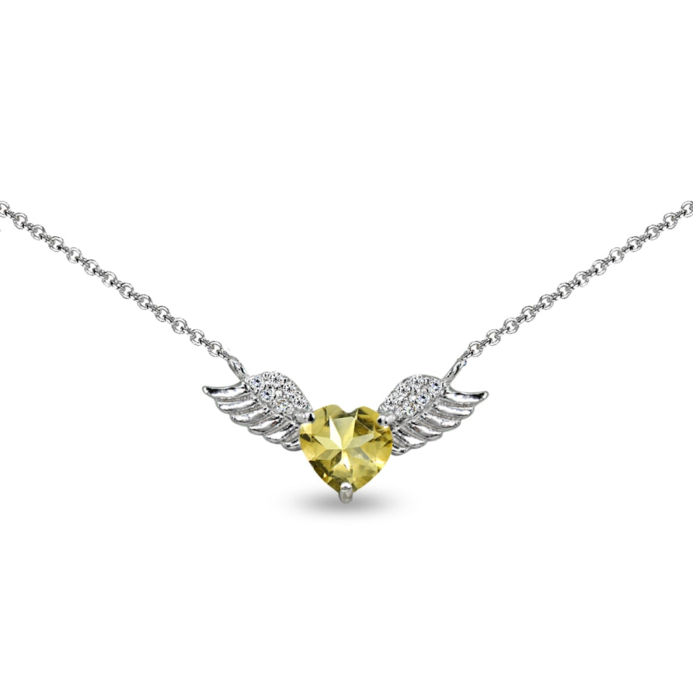Sterling Silver Polished Citrine & CZ Heart Angel Wings Necklace, 15 Inch + Extender
