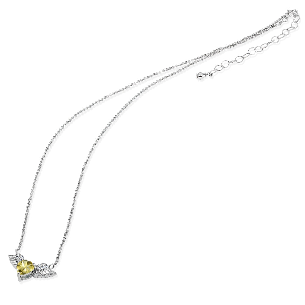 Sterling Silver Polished Citrine & CZ Heart Angel Wings Necklace, 15 Inch + Extender-2