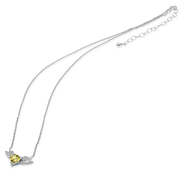 Sterling Silver Polished Citrine & CZ Heart Angel Wings Necklace, 15 Inch + Extender