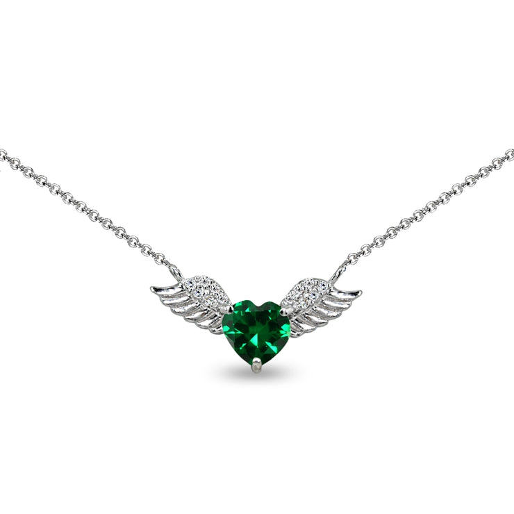 Sterling Silver Polished Created Emerald & CZ Heart Angel Wings Necklace, 15 Inch + Extender