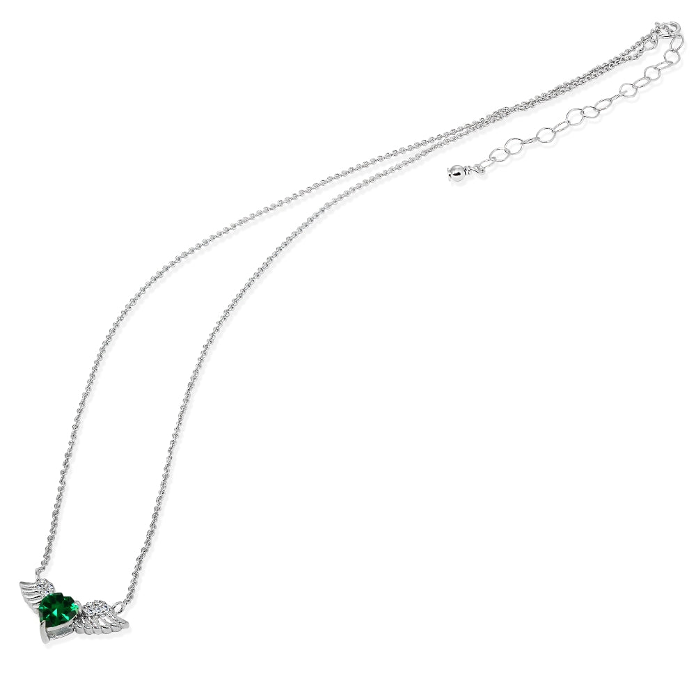 Sterling Silver Polished Created Emerald & CZ Heart Angel Wings Necklace, 15 Inch + Extender-2