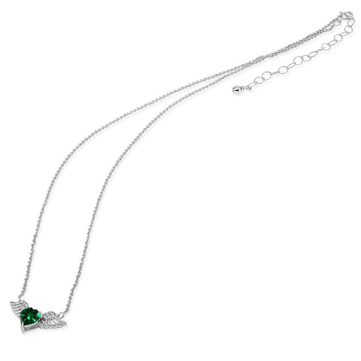 Sterling Silver Polished Created Emerald & CZ Heart Angel Wings Necklace, 15 Inch + Extender