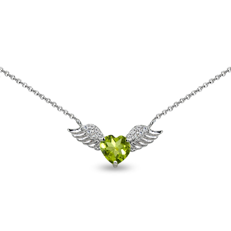 Sterling Silver Polished Peridot & CZ Heart Angel Wings Necklace, 15 Inch + Extender