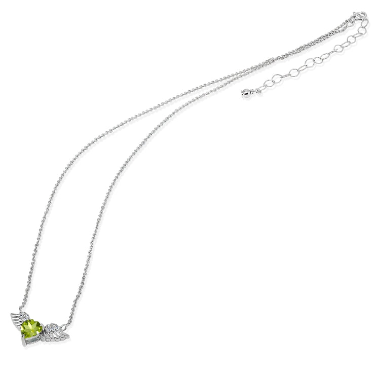 Sterling Silver Polished Peridot & CZ Heart Angel Wings Necklace, 15 Inch + Extender