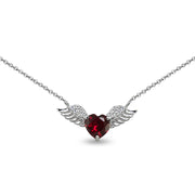 Sterling Silver Polished Created Ruby & CZ Heart Angel Wings Necklace, 15 Inch + Extender