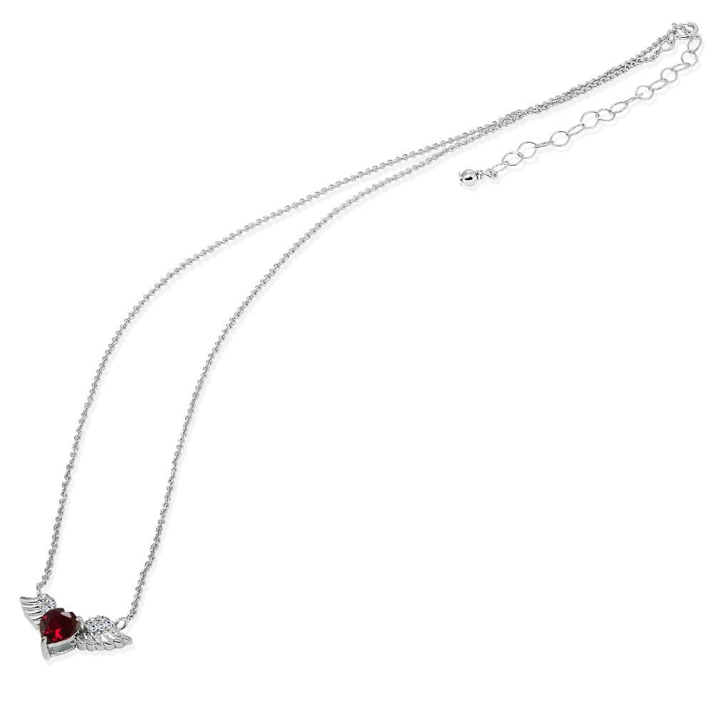 Sterling Silver Polished Created Ruby & CZ Heart Angel Wings Necklace, 15 Inch + Extender-2