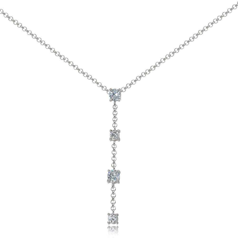 Sterling Silver Cubic Zirconia Round Long Dainty Drop Chain Y-Necklace, 16 Inch + Ext