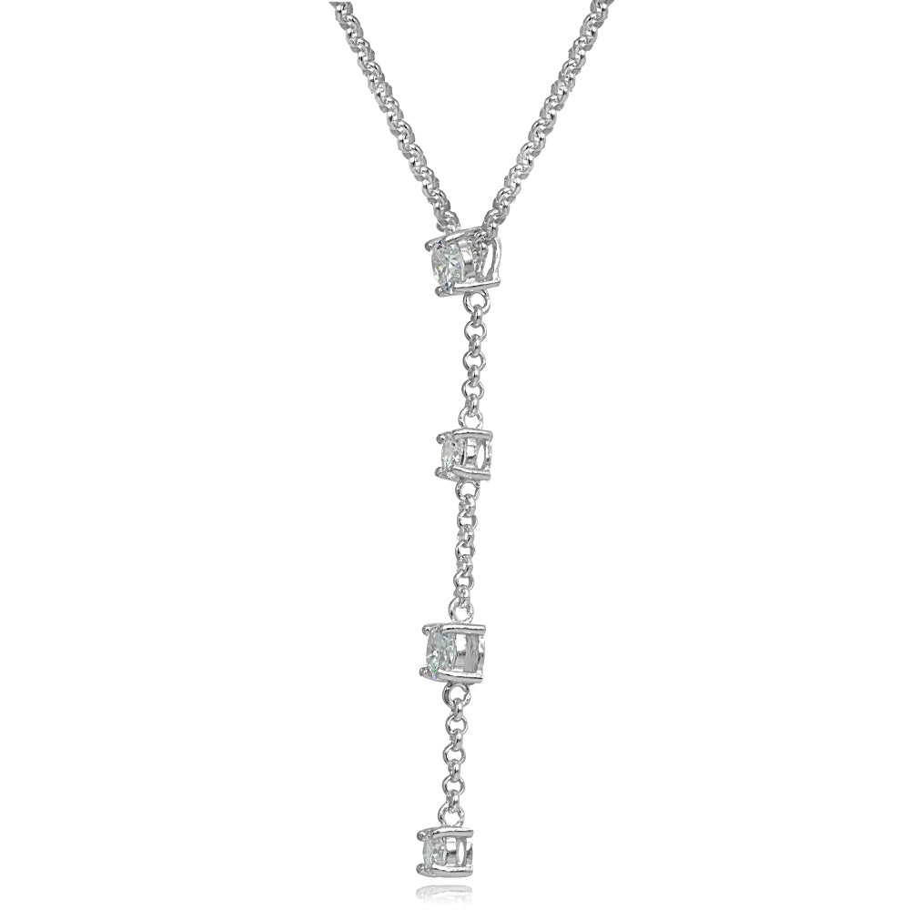 Sterling Silver Cubic Zirconia Round Long Dainty Drop Chain Y-Necklace, 16 Inch + Ext-2