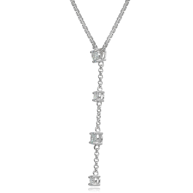 Sterling Silver Cubic Zirconia Round Long Dainty Drop Chain Y-Necklace, 16 Inch + Ext