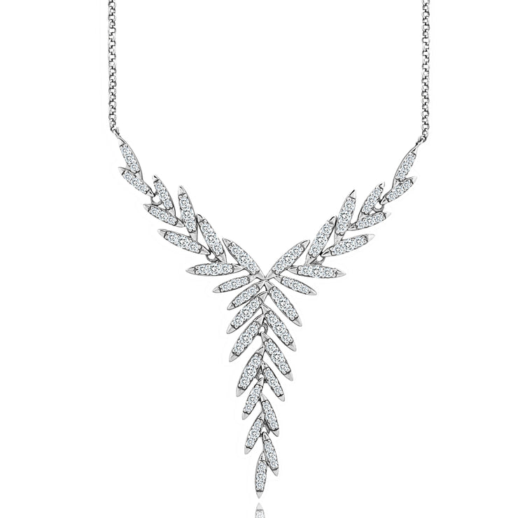 Sterling Silver Cubic Zirconia Round Polished Leaf Evening Statement Necklace