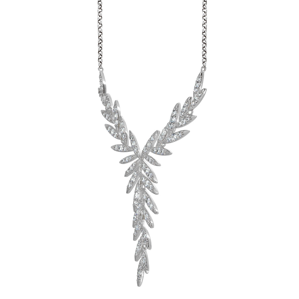 Sterling Silver Cubic Zirconia Round Polished Leaf Evening Statement Necklace-2