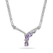 Sterling Silver Amethyst & White Topaz Mesh Chain Statement Cocktail V Drop Necklace