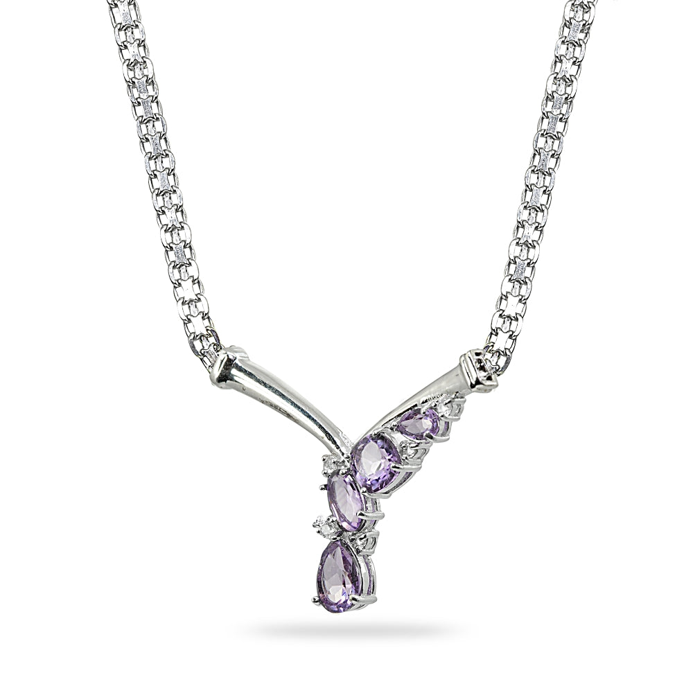 Sterling Silver Amethyst & White Topaz Mesh Chain Statement Cocktail V Drop Necklace-2
