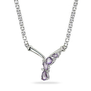 Sterling Silver Amethyst & White Topaz Mesh Chain Statement Cocktail V Drop Necklace
