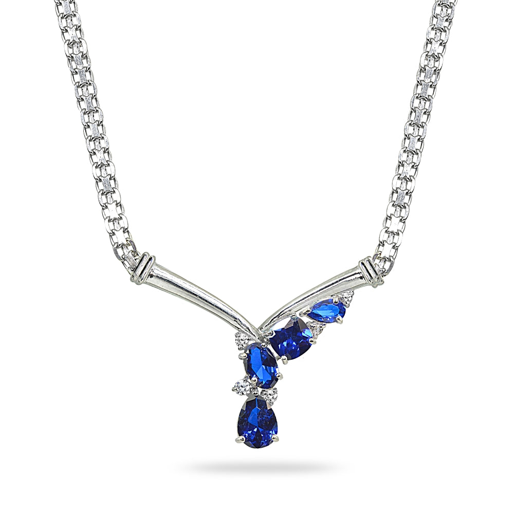 Sterling Silver Created Blue Sapphire & White Topaz Mesh Chain Statement Cocktail V Drop Necklace