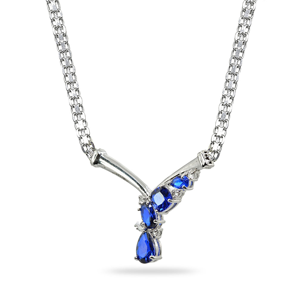 Sterling Silver Created Blue Sapphire & White Topaz Mesh Chain Statement Cocktail V Drop Necklace-2