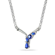 Sterling Silver Created Blue Sapphire & White Topaz Mesh Chain Statement Cocktail V Drop Necklace