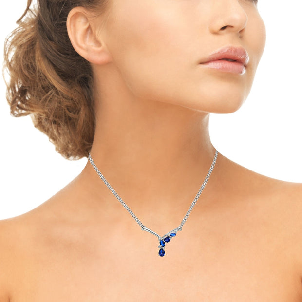 Sterling Silver Created Blue Sapphire & White Topaz Mesh Chain Statement Cocktail V Drop Necklace