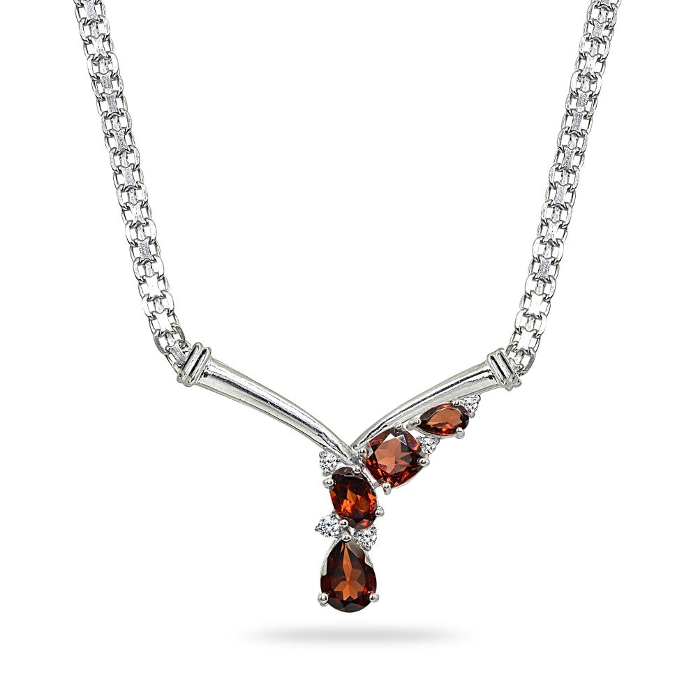 Sterling Silver Garnet & White Topaz Mesh Chain Statement Cocktail V Drop Necklace
